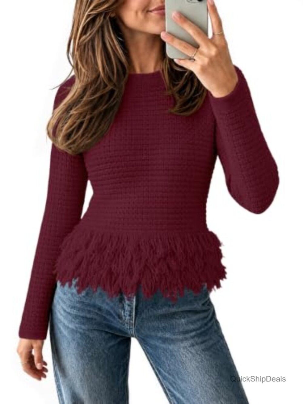 Crochet Fringe Sweater Top Crew Neck Knit Boho Pullover